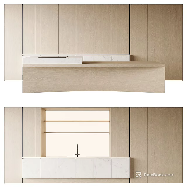 Modern Light Wood Kitchen Cabinets With Smooth Countertop And Sink Design 3d model 