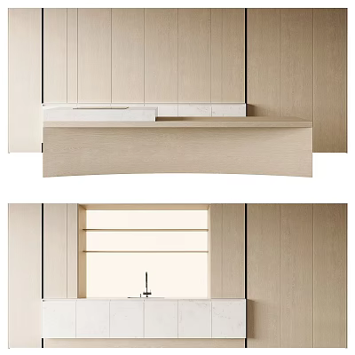 Modern Light Wood Kitchen Cabinets With Smooth Countertop And Sink Design 3d model