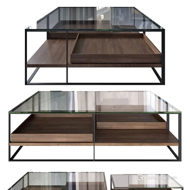 Modern Sofa Coffee Table Set With Glass Top And Wooden Shelves Metal Frame 3d model 