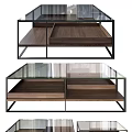 Modern Sofa Coffee Table Set With Glass Top And Wooden Shelves Metal Frame
