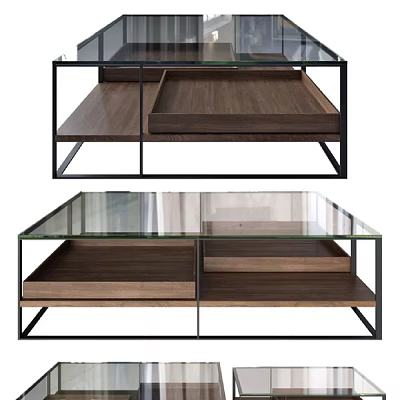 Modern Sofa Coffee Table Set With Glass Top And Wooden Shelves Metal Frame 3d model