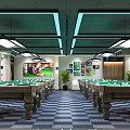 Modern Billiard Room Interior Design With Green Felt Table Ceiling Lights And Colorful Ball Art