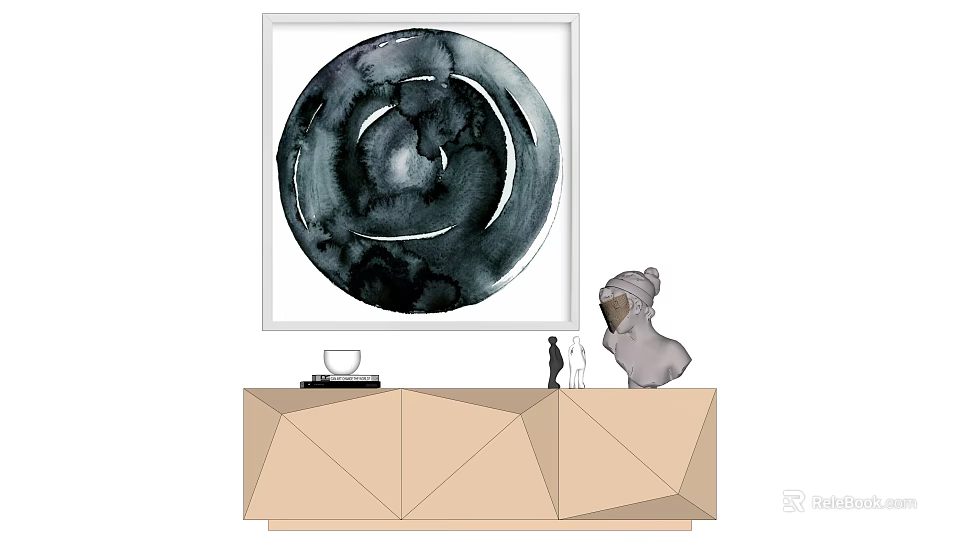 Circular Black And White Ink Painting In White Frame Above Geometric Cabinet With Decorative Items 3d model 