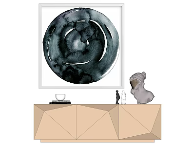 Circular Black And White Ink Painting In White Frame Above Geometric Cabinet With Decorative Items 3d model