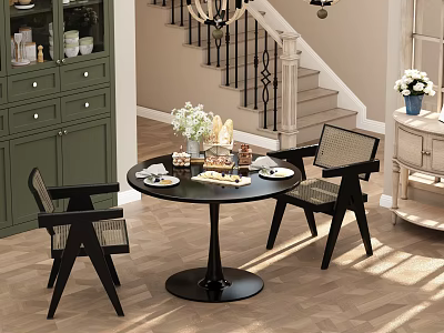 Living Room Interior With Black Round Dining Table Chairs Green Cabinet Flowers And Wooden Floor 3d model