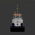 Blue White Workboat With Orange Equipment Letter P On Hull Deck Cabin Mechanical Devices