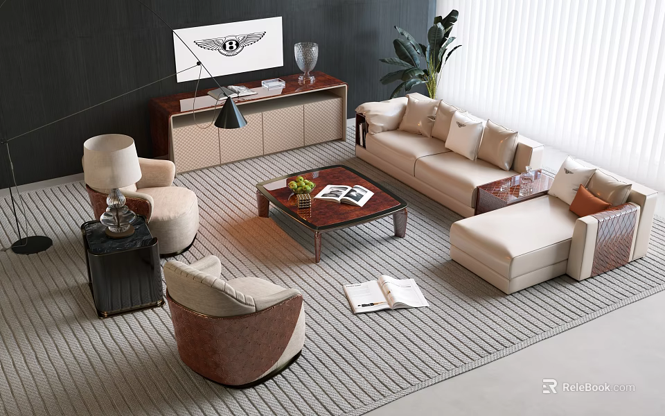 Modern Beige Sofa and Coffee Table Set With Armchairs TV Stand Plant and Rug 3d model 