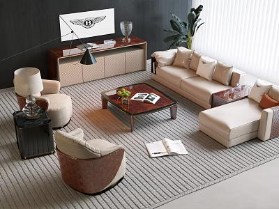 Modern Beige Sofa and Coffee Table Set With Armchairs TV Stand Plant and Rug 3d model