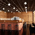 Modern Restaurant Interior With Wooden Walls Round Pendant Lights Bar Counter And Stools
