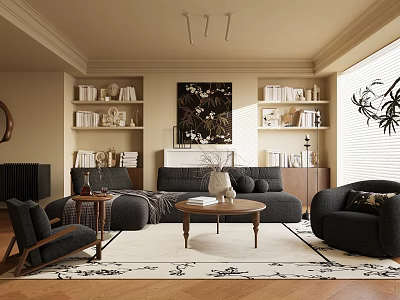 Modern Living Room Interior With Dark Sofa Coffee Table Bookshelves And Wall Art 3d model