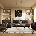 Modern Living Room Interior With Dark Sofa Coffee Table Bookshelves And Wall Art