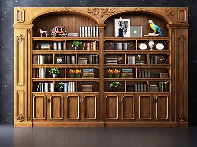 Classic Wooden Bookcase With Carved Details Books Potted Plants Photo Frames And Parrot Ornament 3d model