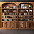 Classic Wooden Bookcase With Carved Details Books Potted Plants Photo Frames And Parrot Ornament