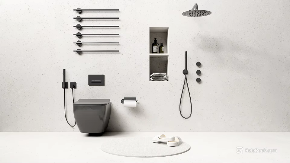 Modern Bathroom With Wall Mounted Toilet Shower Head Towel Rack And Slippers 3d model 