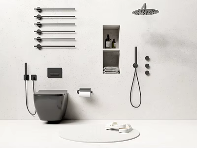 Modern Bathroom With Wall Mounted Toilet Shower Head Towel Rack And Slippers 3d model