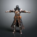 Detailed Fantasy 3D Character Model With Hooded Robe Armor Belt And Outstretched Arms