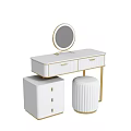 Elegant Modern White Vanity Table With Gold Accents Round Mirror Drawers And Stool 3d model