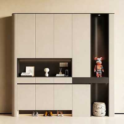 Minimalist Modern Shoe Cabinet With Storage Shelves And Decorative Items 3d model