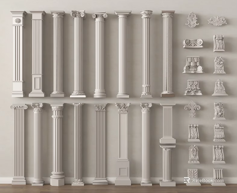 Different Styles Of Decorative Columns With Classical Capitals And Ornamental Details 3d model 