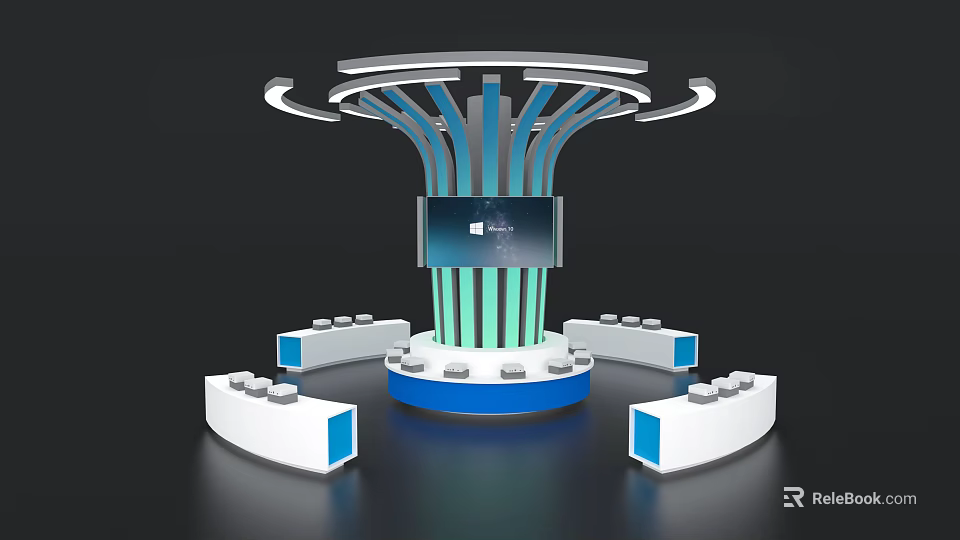 Modern Exhibition Island With Blue White Design Round Lighting Central Screen And Curved Stands 3d model 