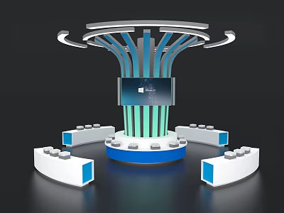 Modern Exhibition Island With Blue White Design Round Lighting Central Screen And Curved Stands 3d model