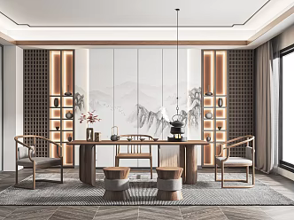 New Chinese Style Tea Room Tea Table and Chair Tea Stool Tea Cabinet Chandelier Tea Table Tea Set Storage Rack Decorative Cabinet 3d model