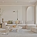 Minimalist Living And Dining Area With White Sofa Green Cushions Round Coffee Table Decor