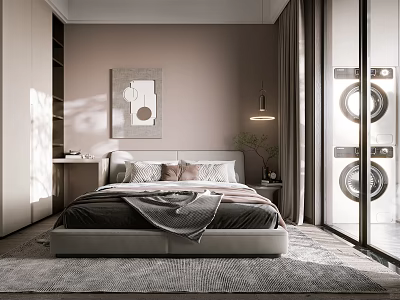 Modern Bedroom Interior With Comfortable Bed Soft Rug And Natural Light Through Glass Doors 3d model