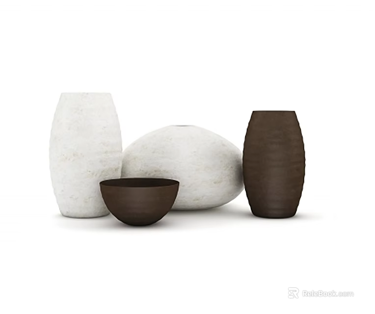 Decorative White and Brown Ceramic Vases with Various Shapes Including Spherical and Cylindrical Designs 3d model 