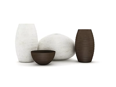 Decorative White and Brown Ceramic Vases with Various Shapes Including Spherical and Cylindrical Designs 3d model