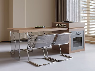 Modern Kitchen Table and Chair Set with Wooden Top Transparent Acrylic Seats Stainless Steel Legs 3d model