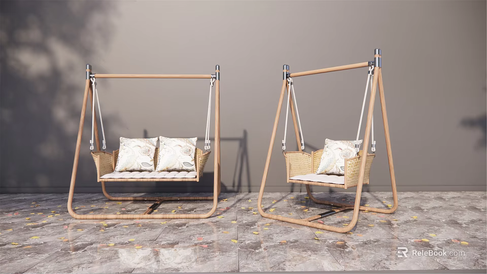 Modern Wooden Frame Hanging Chair With Rattan Seat And Soft Cushions Indoor 3d model 