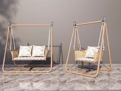 Modern Wooden Frame Hanging Chair With Rattan Seat And Soft Cushions Indoor 3d model