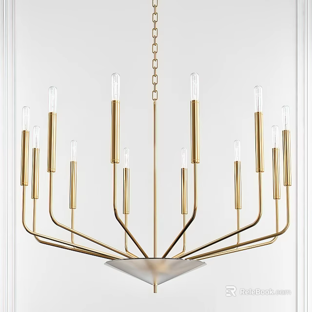 Modern Gold Metal Chandelier with Multiple Arms and Clear Glass Bulbs 3d model 
