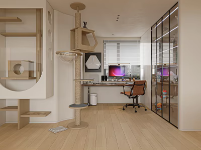 Modern Study Room Interior Design With Tall Cat Tree Desk Computer And Orange Office Chair 3d model