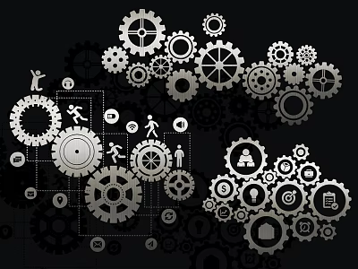 Interconnected Gears Design Featuring Human Figures And Social Media Icons 3d model