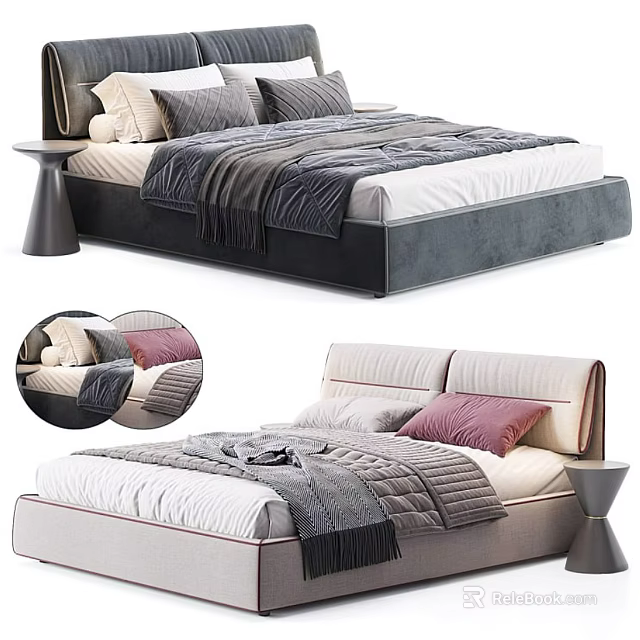 Modern Double Bed Interior Design With Upholstered Headboard Pillows And Side Table 3d model 