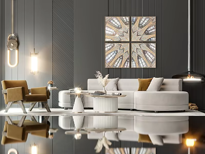 Elegant Modern Living Room Sofa And Round Coffee Table Set With Pendant Lights And Artwork 3d model