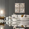 Elegant Modern Living Room Sofa And Round Coffee Table Set With Pendant Lights And Artwork