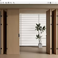 Modern Wooden Folding Doors Open to Reveal Bright Space With Window and Potted Plant
