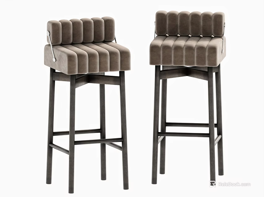 Modern Light Toned Velvet Bar Stools with Vertical Tufted Padded Seats and Dark Slim Legs 3d model 