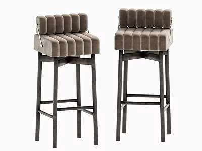 Modern Light Toned Velvet Bar Stools with Vertical Tufted Padded Seats and Dark Slim Legs 3d model