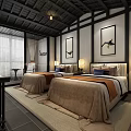 Chinese Style Hotel Guest Room With Two Beds Decorative Paintings And Wooden Ceiling