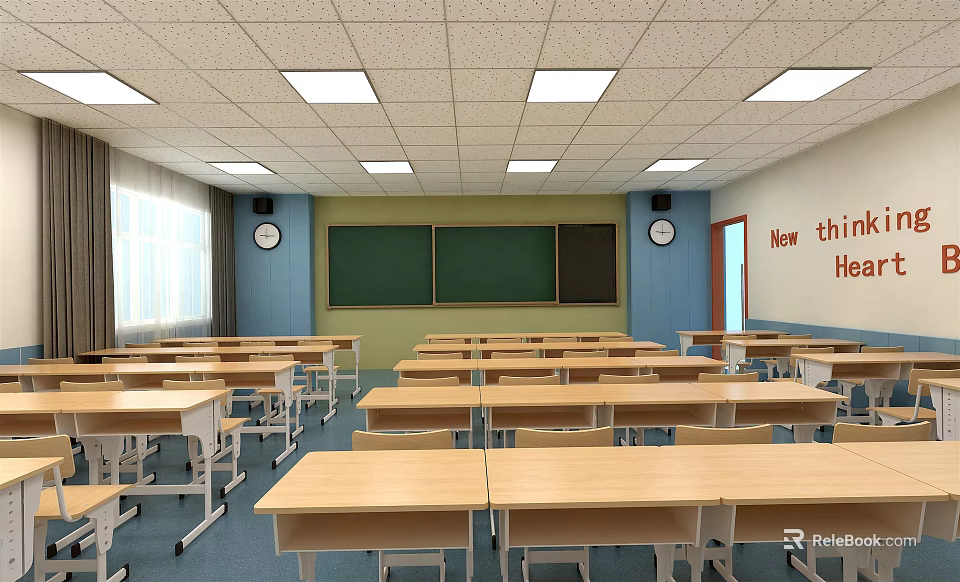 School Classroom Interior With Desks Chairs Blackboard Clock And Now Think Here 3d model