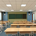 School Classroom Interior With Desks Chairs Blackboard Clock And Now Think Here 3d model