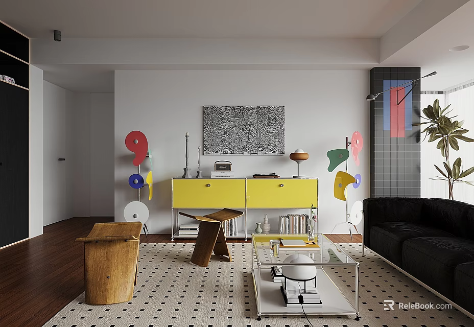 Modern Living Room Interior With Yellow Cabinet Black Sofa Glass Coffee Table And Geometric Decorations 3d model 