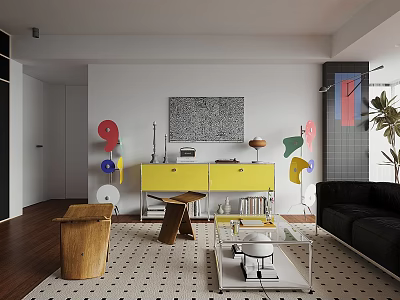 Modern Living Room Interior With Yellow Cabinet Black Sofa Glass Coffee Table And Geometric Decorations 3d model