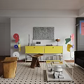 Modern Living Room Interior With Yellow Cabinet Black Sofa Glass Coffee Table And Geometric Decorations