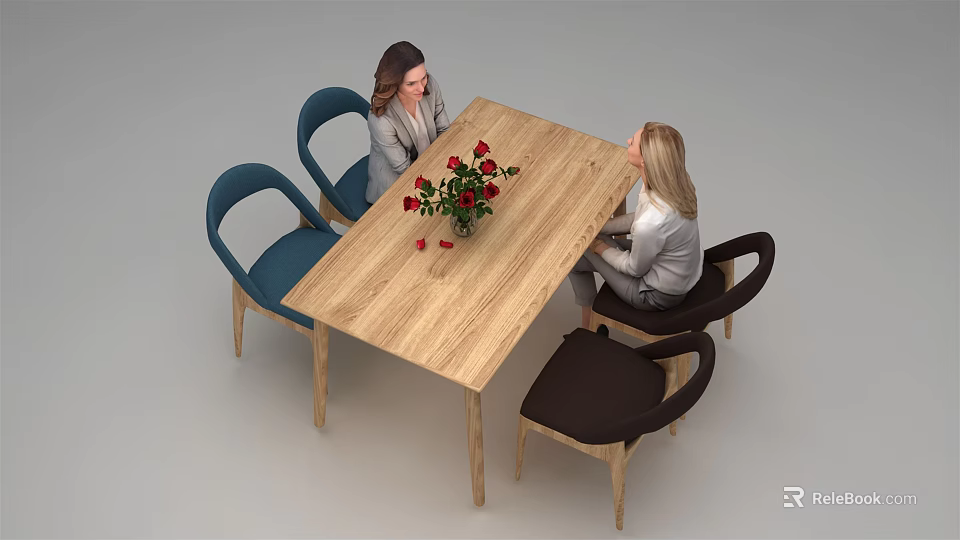 Elegant Wooden Table And Chair Set With Red Roses And Blue Brown Chairs For Conversation 3d model 