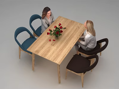 Elegant Wooden Table And Chair Set With Red Roses And Blue Brown Chairs For Conversation 3d model